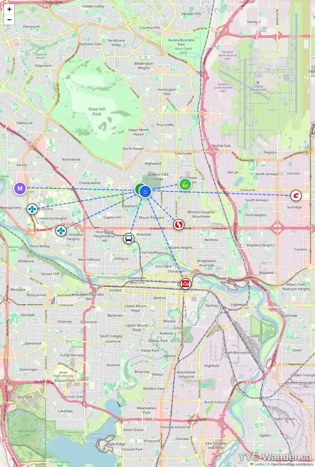 Daily accessibility map for 933 32 AV NW, Calgary showing nearby schools, grocery stores, parks, LRT stations and nearby amenities
