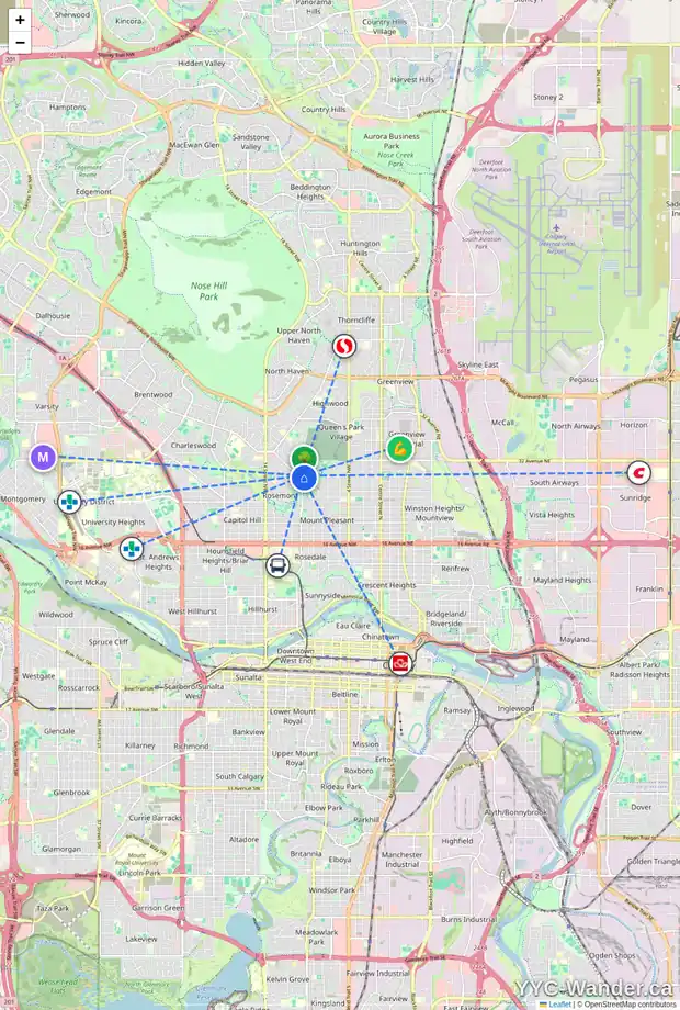 Daily accessibility map for 23 CAMBRIDGE RD NW, Calgary showing nearby schools, grocery stores, parks, LRT stations and nearby amenities