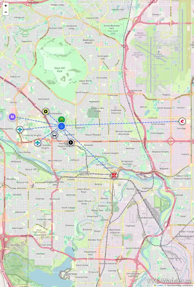 Daily accessibility map for 2620 MORLEY TR NW, Calgary showing nearby schools, grocery stores, parks, LRT stations and nearby amenities