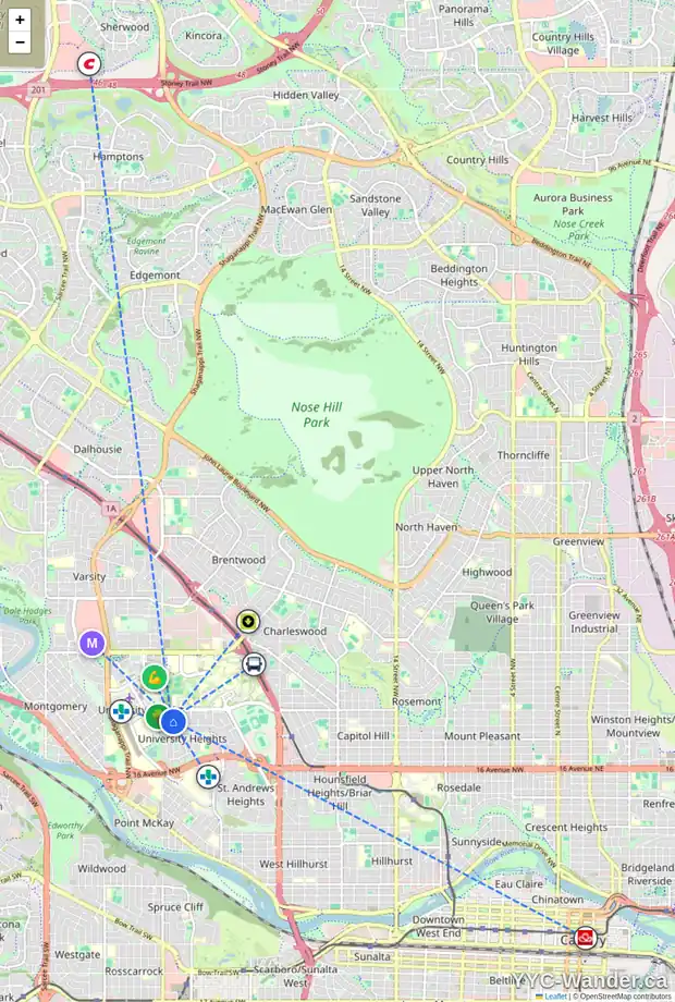 Daily accessibility map for 3712 UNDERHILL DR NW, Calgary showing nearby schools, grocery stores, parks, LRT stations and nearby amenities