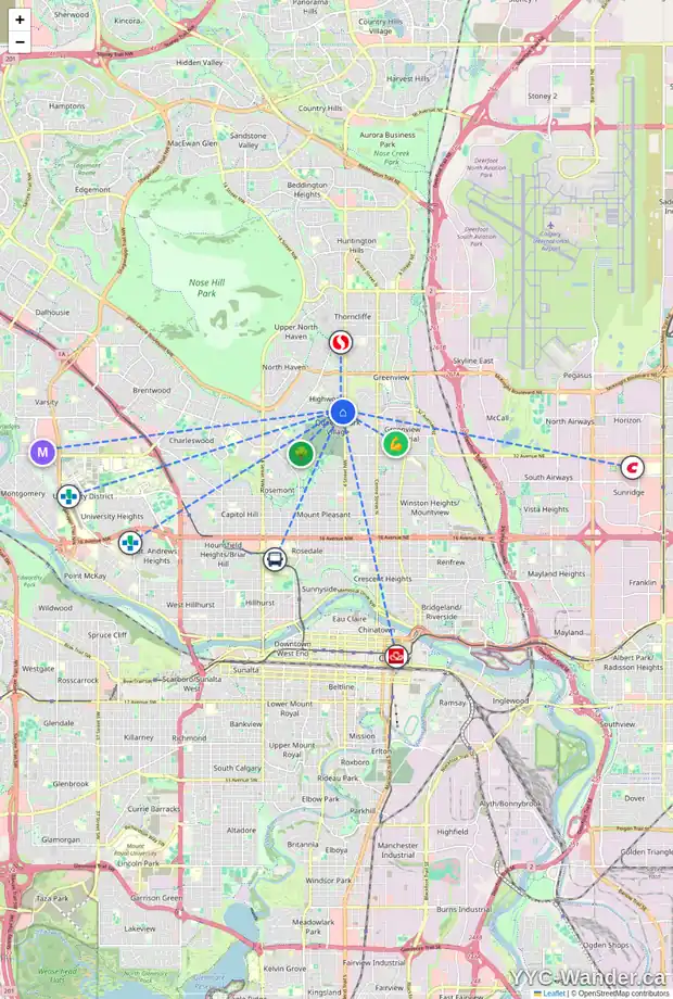 Daily accessibility map for 156 HENDON DR NW, Calgary showing nearby schools, grocery stores, parks, LRT stations and nearby amenities