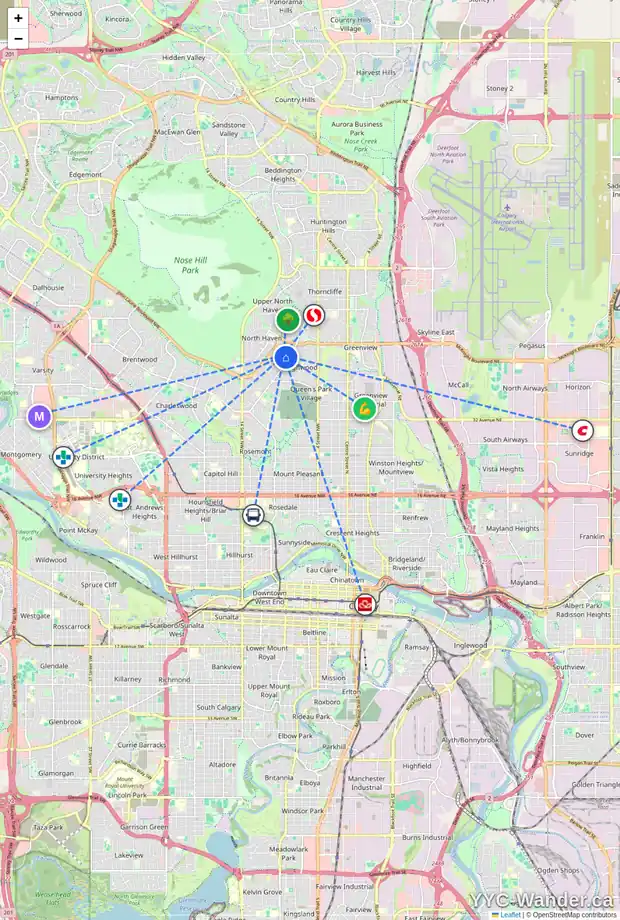Daily accessibility map for 103 HOLMWOOD AV NW, Calgary showing nearby schools, grocery stores, parks, LRT stations and nearby amenities