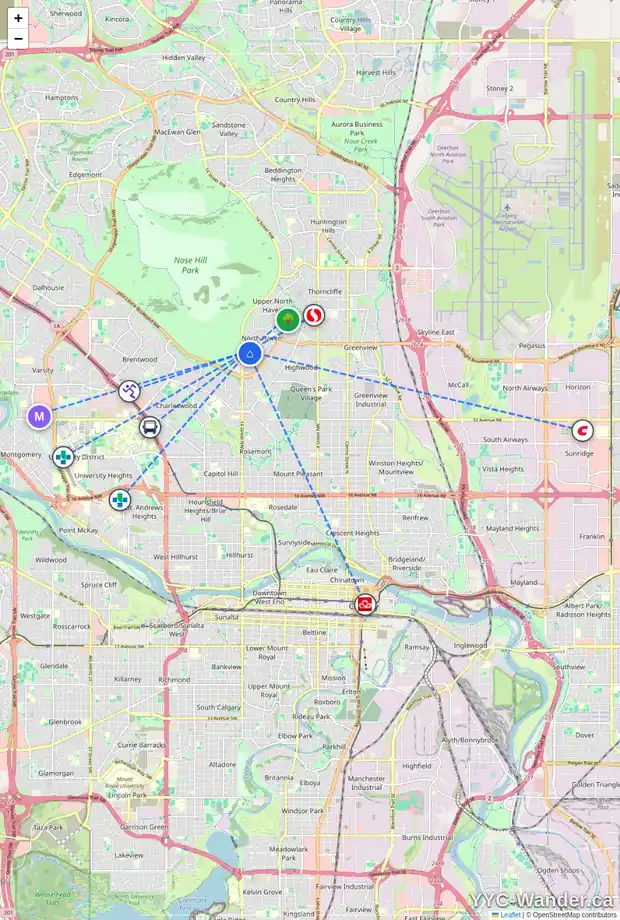 Daily accessibility map for 4712 NORQUAY DR NW, Calgary showing nearby schools, grocery stores, parks, LRT stations and nearby amenities