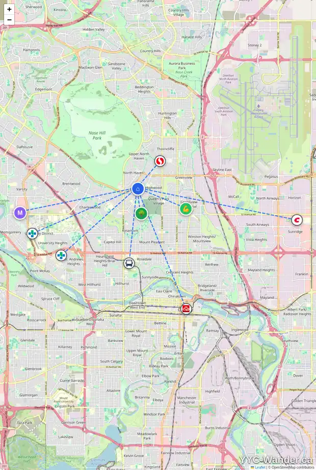 Daily accessibility map for 56 HOUNSLOW DR NW, Calgary showing nearby schools, grocery stores, parks, LRT stations and nearby amenities