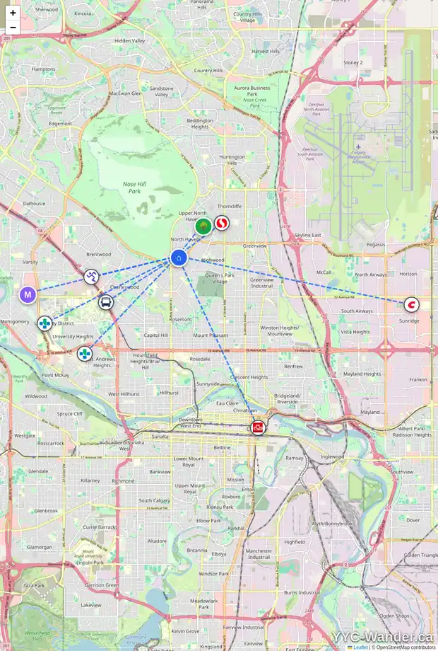 Daily accessibility map for 4611 NORTH HAVEN DR NW, Calgary showing nearby schools, grocery stores, parks, LRT stations and nearby amenities