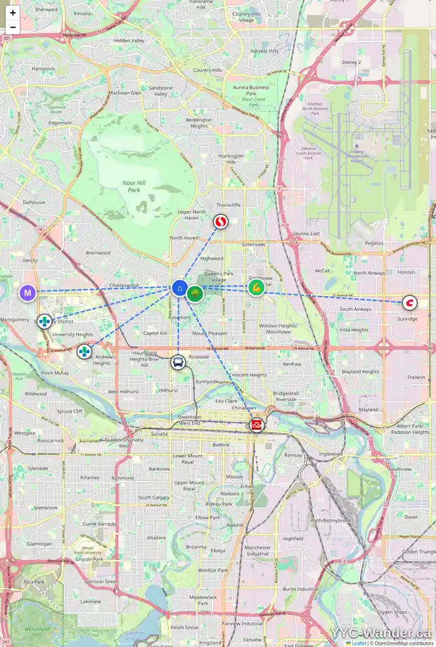 Daily accessibility map for 36 COMMERCE ST NW, Calgary showing nearby schools, grocery stores, parks, LRT stations and nearby amenities