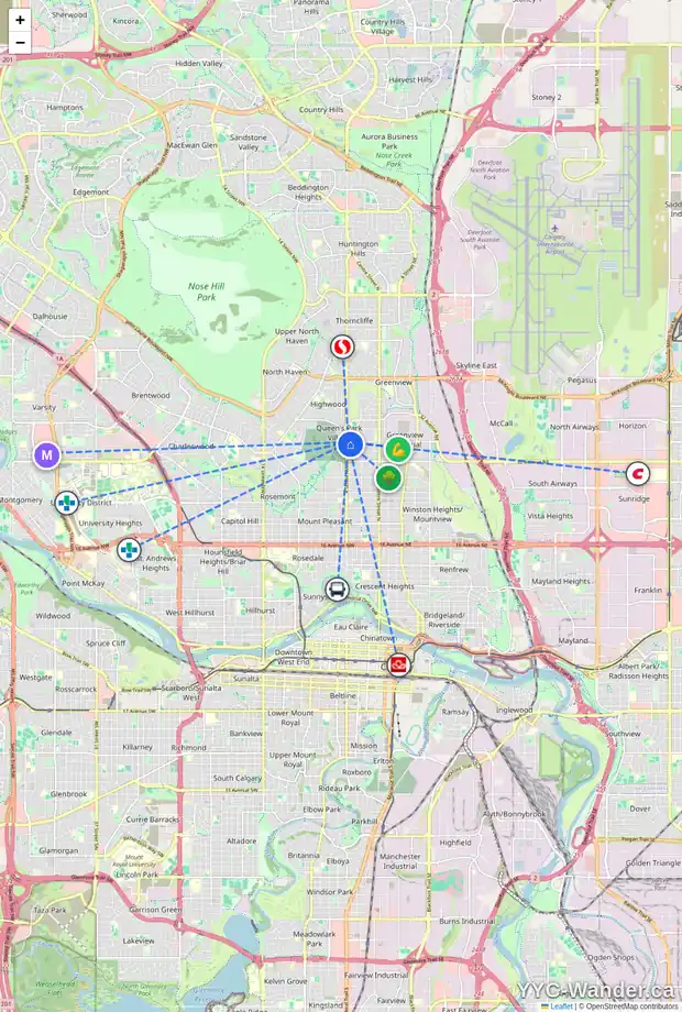 Daily accessibility map for 451 36 AV NW, Calgary showing nearby schools, grocery stores, parks, LRT stations and nearby amenities