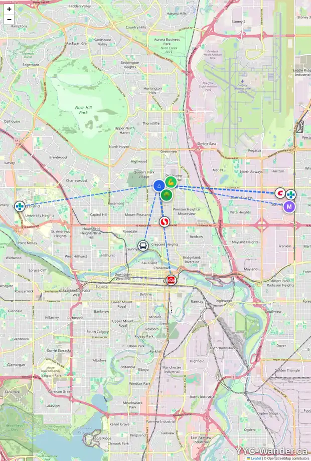 Daily accessibility map for 3408 1 ST NW, Calgary showing nearby schools, grocery stores, parks, LRT stations and nearby amenities