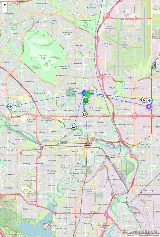 Daily accessibility map for 3616 CENTRE ST NE, Calgary showing nearby schools, grocery stores, parks, LRT stations and nearby amenities