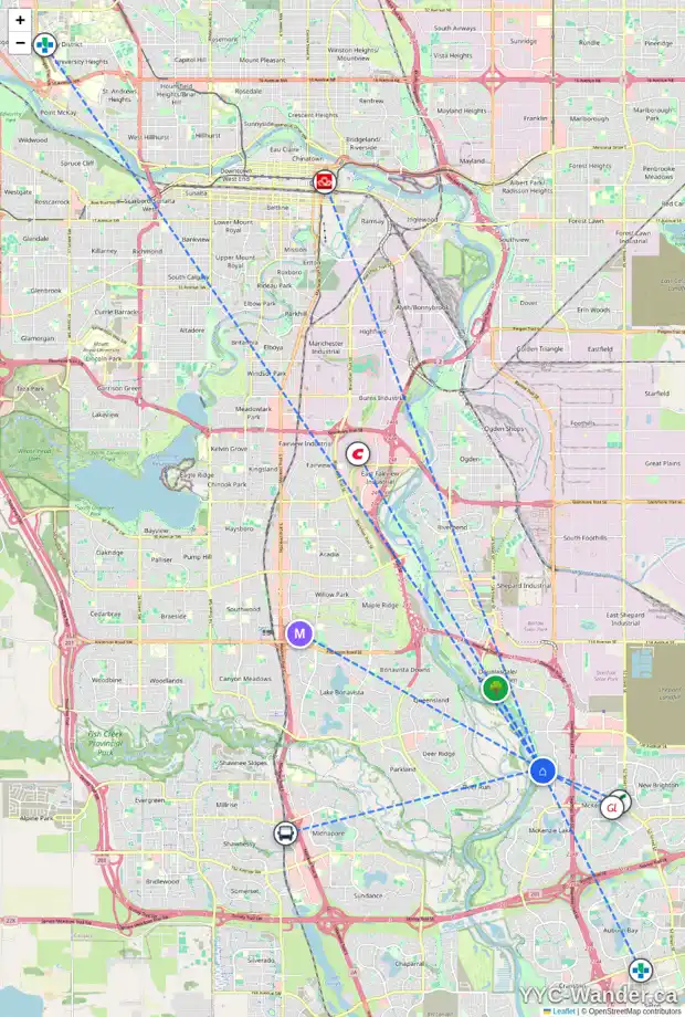 Daily accessibility map for 182 MT DOUGLAS CL SE, Calgary showing nearby schools, grocery stores, parks, LRT stations and nearby amenities