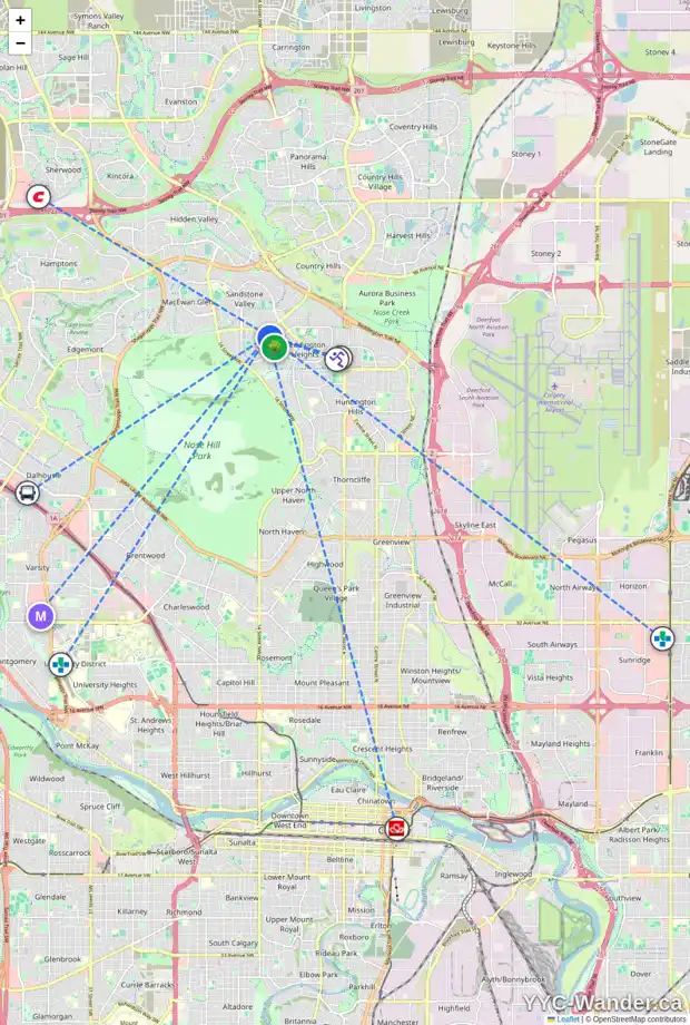 Daily accessibility map for 99 BEARBERRY CL NW, Calgary showing nearby schools, grocery stores, parks, LRT stations and nearby amenities