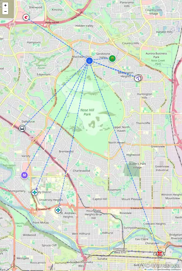 Daily accessibility map for 105 MACEWAN PARK WY NW, Calgary showing nearby schools, grocery stores, parks, LRT stations and nearby amenities