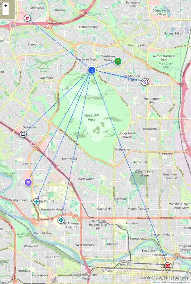 Daily accessibility map for 63 MACEWAN GLEN WY NW, Calgary showing nearby schools, grocery stores, parks, LRT stations and nearby amenities