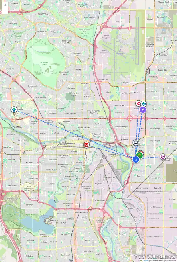 Daily accessibility map for 2040 26 ST SE, Calgary showing nearby schools, grocery stores, parks, LRT stations and nearby amenities