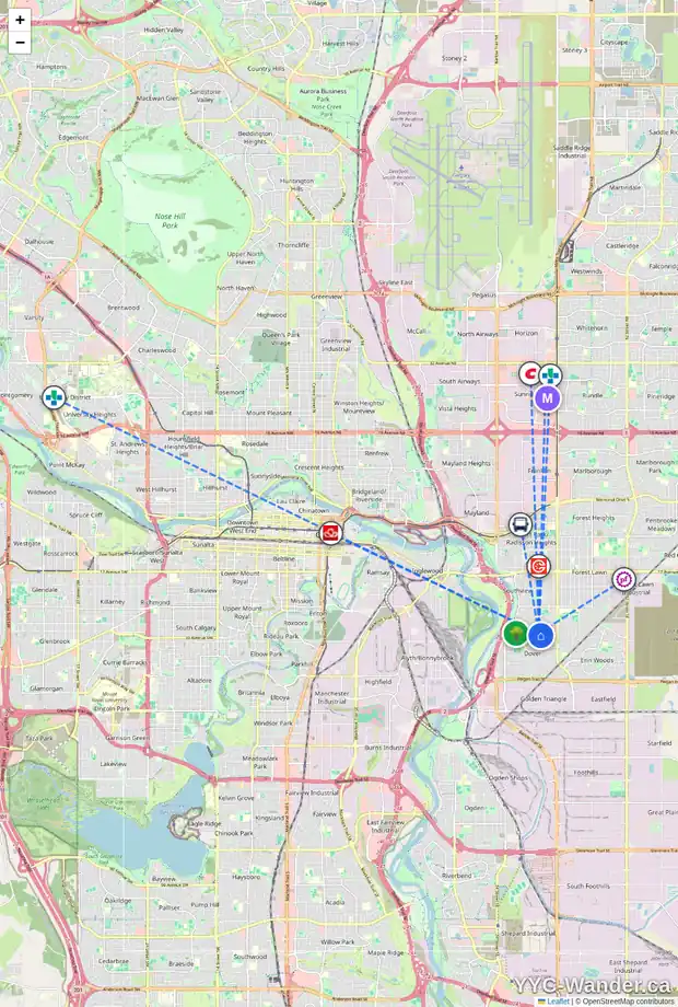 Daily accessibility map for 3222 32A AV SE, Calgary showing nearby schools, grocery stores, parks, LRT stations and nearby amenities