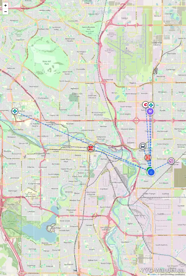 Daily accessibility map for 3024 33A ST SE, Calgary showing nearby schools, grocery stores, parks, LRT stations and nearby amenities