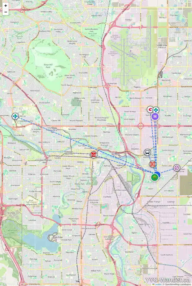 Daily accessibility map for 2513 35 ST SE, Calgary showing nearby schools, grocery stores, parks, LRT stations and nearby amenities