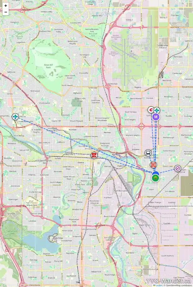 Daily accessibility map for 2434 COTTONWOOD CR SE, Calgary showing nearby schools, grocery stores, parks, LRT stations and nearby amenities