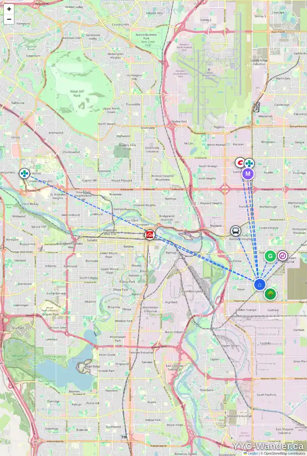 Daily accessibility map for 228 DOVERCLIFFE WY SE, Calgary showing nearby schools, grocery stores, parks, LRT stations and nearby amenities