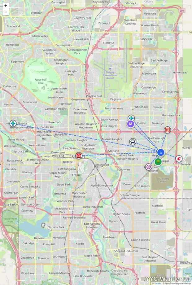 Daily accessibility map for 180 PENSVILLE RD SE, Calgary showing nearby schools, grocery stores, parks, LRT stations and nearby amenities