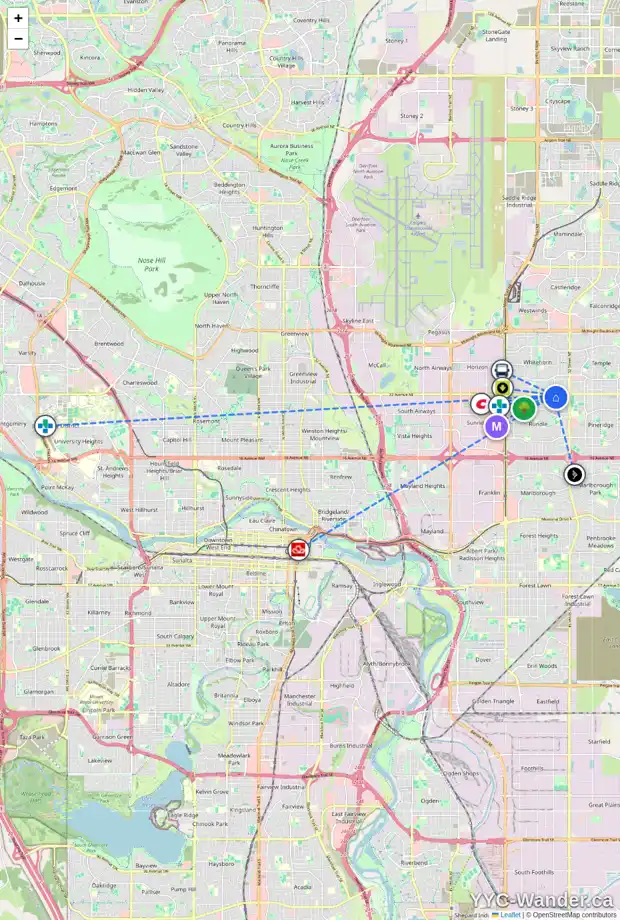 Daily accessibility map for 3227 48 ST NE, Calgary showing nearby schools, grocery stores, parks, LRT stations and nearby amenities