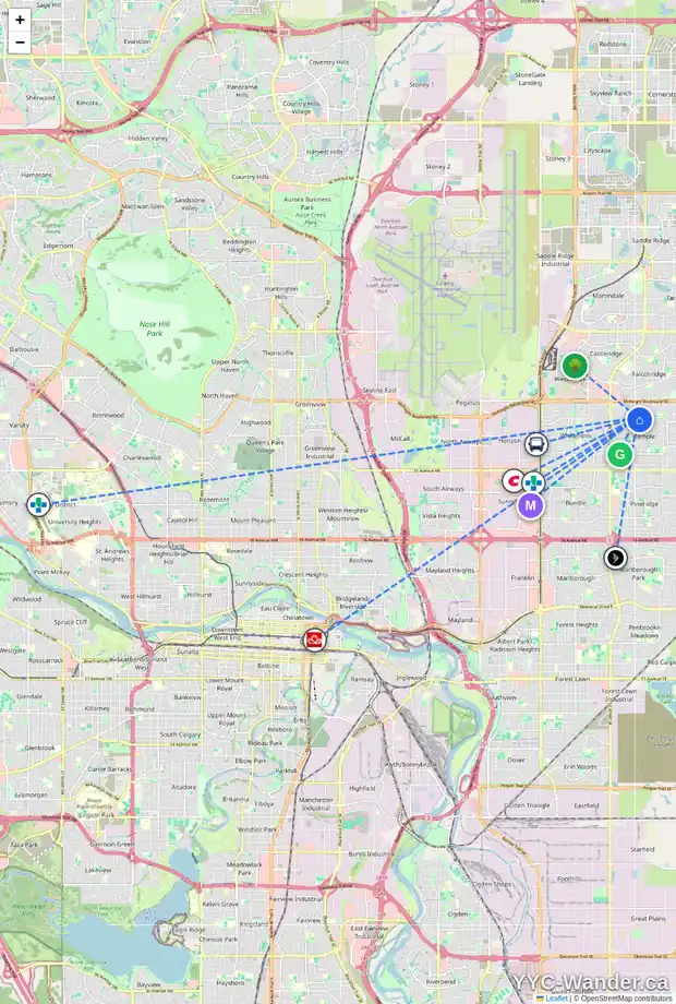 Daily accessibility map for 7003 TEMPLE DR NE, Calgary showing nearby schools, grocery stores, parks, LRT stations and nearby amenities