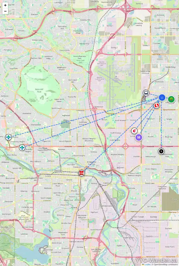 Daily accessibility map for 20 CASTLEGLEN CO NE, Calgary showing nearby schools, grocery stores, parks, LRT stations and nearby amenities