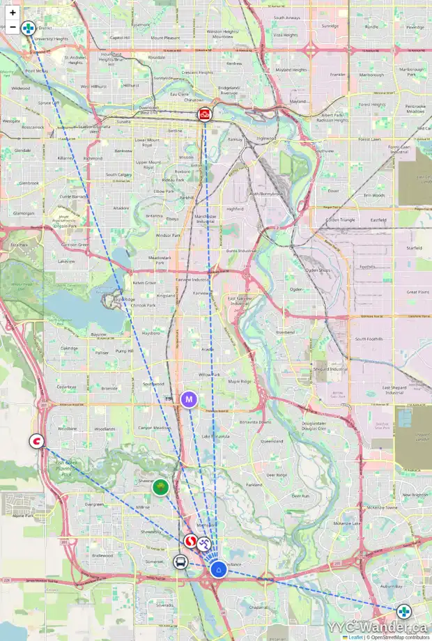 Daily accessibility map for 121 SUNDOWN WY SE, Calgary showing nearby schools, grocery stores, parks, LRT stations and nearby amenities