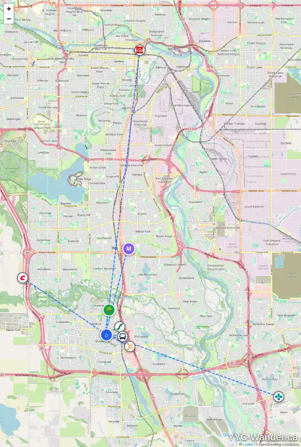 Daily accessibility map for 334 SHAWNESSY DR SW, Calgary showing nearby schools, grocery stores, parks, LRT stations and nearby amenities