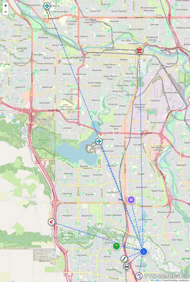 Daily accessibility map for 116 MIDRIDGE CL SE, Calgary showing nearby schools, grocery stores, parks, LRT stations and nearby amenities