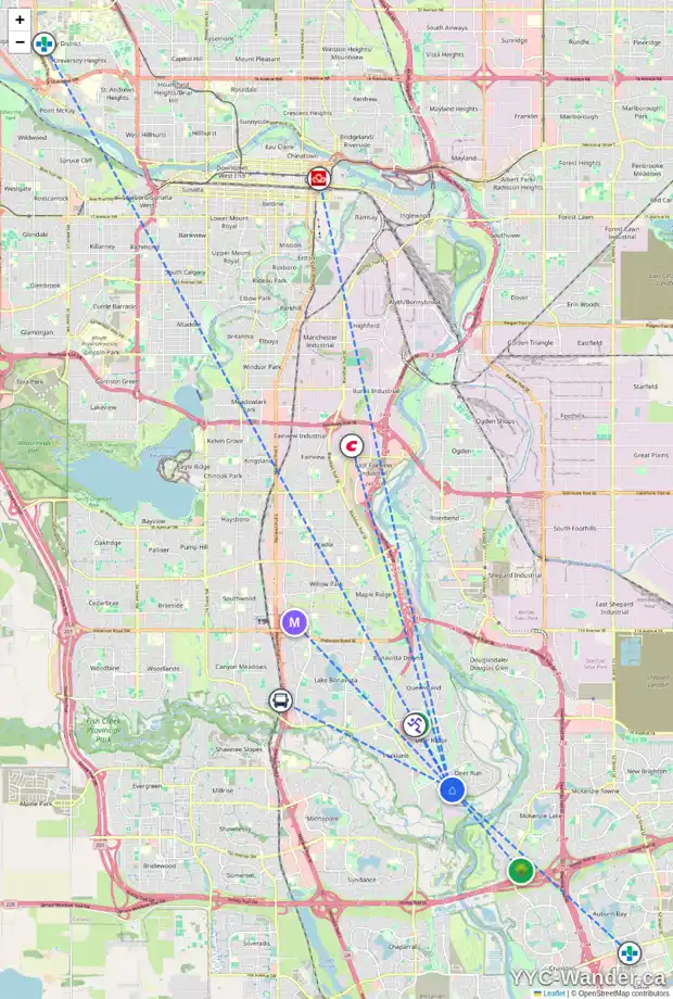 Daily accessibility map for 15424 DEER RUN DR SE, Calgary showing nearby schools, grocery stores, parks, LRT stations and nearby amenities