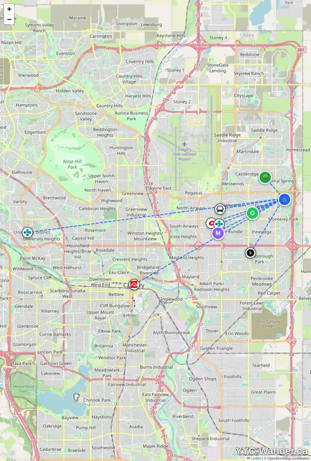 Daily accessibility map for 7820 LAGUNA WY NE, Calgary showing nearby schools, grocery stores, parks, LRT stations and nearby amenities