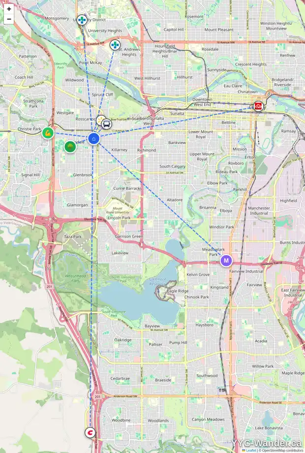 Daily accessibility map for 3916 GLENWOOD AV SW, Calgary showing nearby schools, grocery stores, parks, LRT stations and nearby amenities