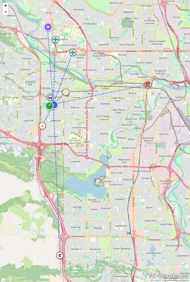 Daily accessibility map for 4523 GLENMERE RD SW, Calgary showing nearby schools, grocery stores, parks, LRT stations and nearby amenities