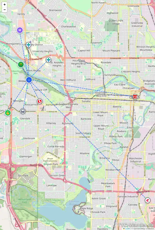 Daily accessibility map for 139 WILDWOOD DR SW, Calgary showing nearby schools, grocery stores, parks, LRT stations and nearby amenities