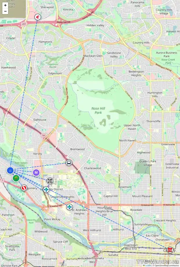 Daily accessibility map for 6156 BOWWOOD DR NW, Calgary showing nearby schools, grocery stores, parks, LRT stations and nearby amenities
