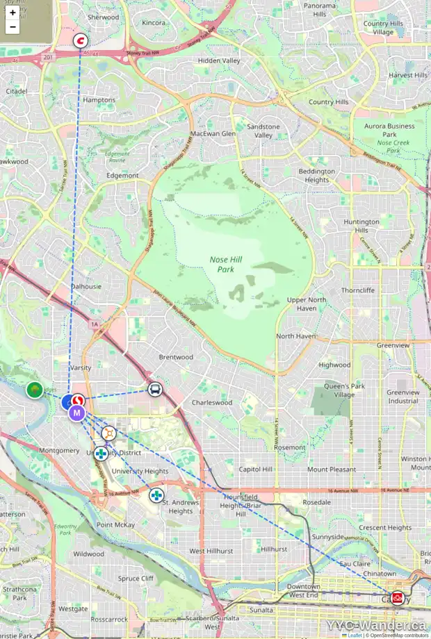 Daily accessibility map for 205 3607A 49 ST NW, Calgary showing nearby schools, grocery stores, parks, LRT stations and nearby amenities