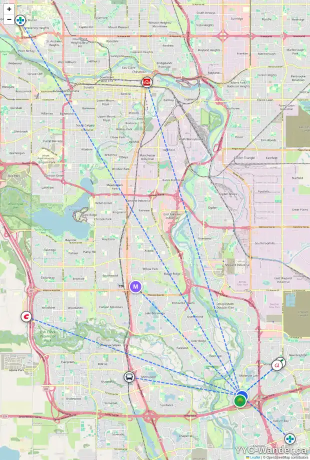 Daily accessibility map for 64 MCKINLEY RD SE, Calgary showing nearby schools, grocery stores, parks, LRT stations and nearby amenities