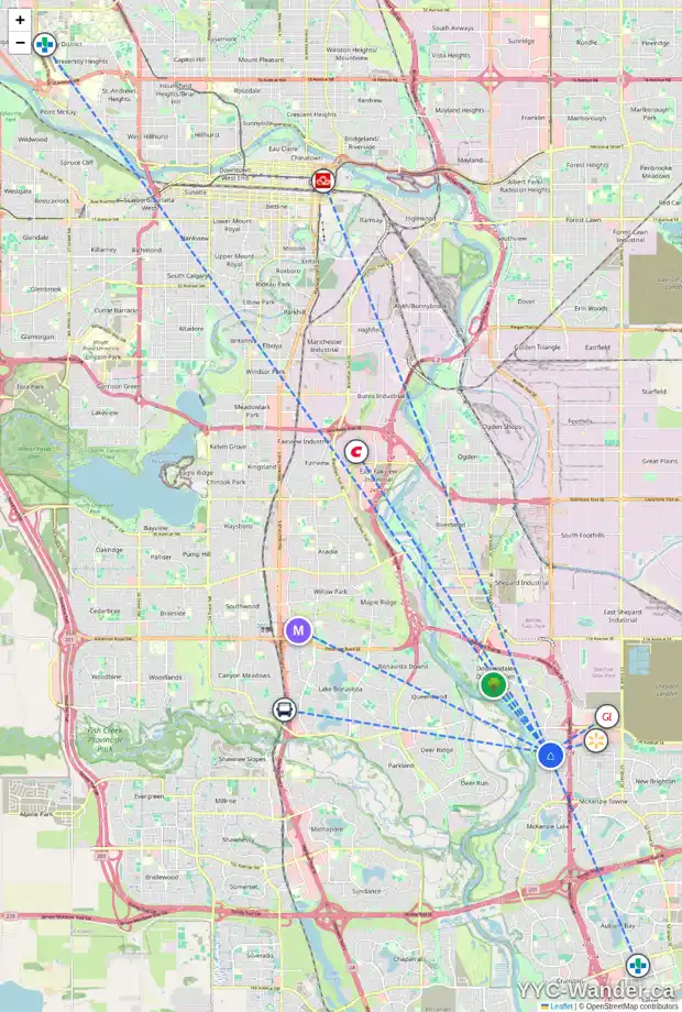 Daily accessibility map for 130 MT DOUGLAS VI SE, Calgary showing nearby schools, grocery stores, parks, LRT stations and nearby amenities