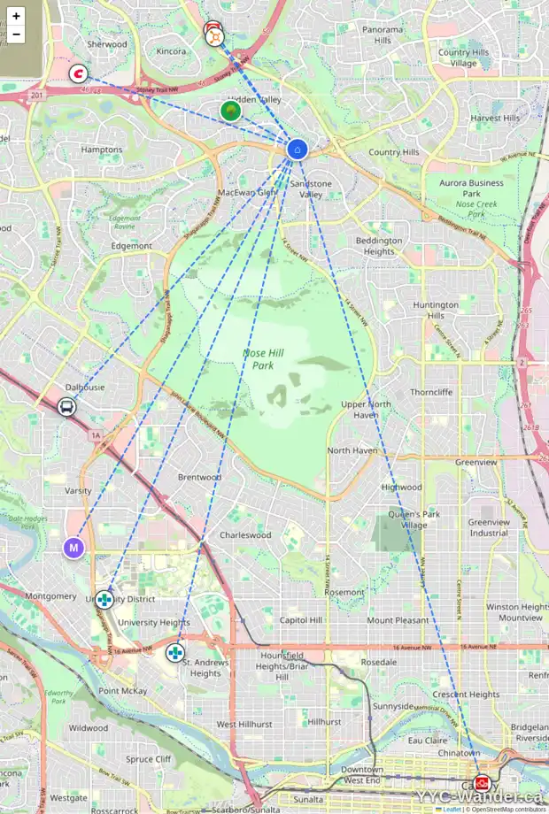 Daily accessibility map for 367 HIDDEN VALE PL NW, Calgary showing nearby schools, grocery stores, parks, LRT stations and nearby amenities