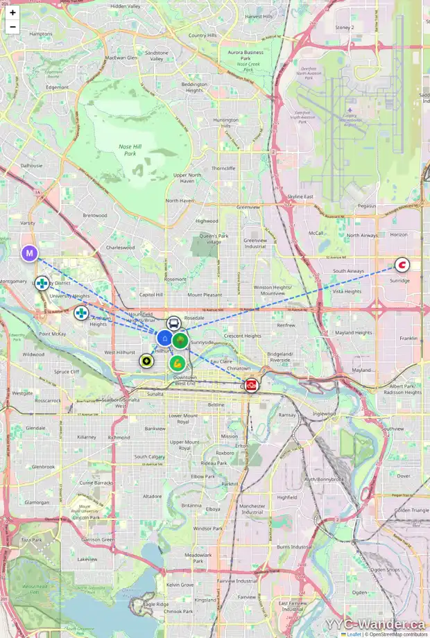 Daily accessibility map for 822 15 ST NW, Calgary showing nearby schools, grocery stores, parks, LRT stations and nearby amenities