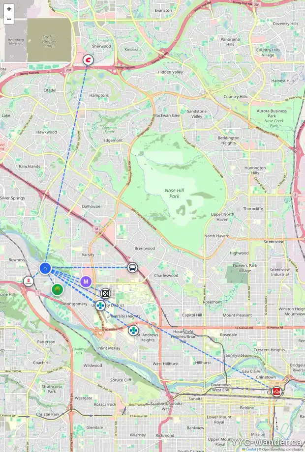 Daily accessibility map for 6340 BOW CR NW, Calgary showing nearby schools, grocery stores, parks, LRT stations and nearby amenities