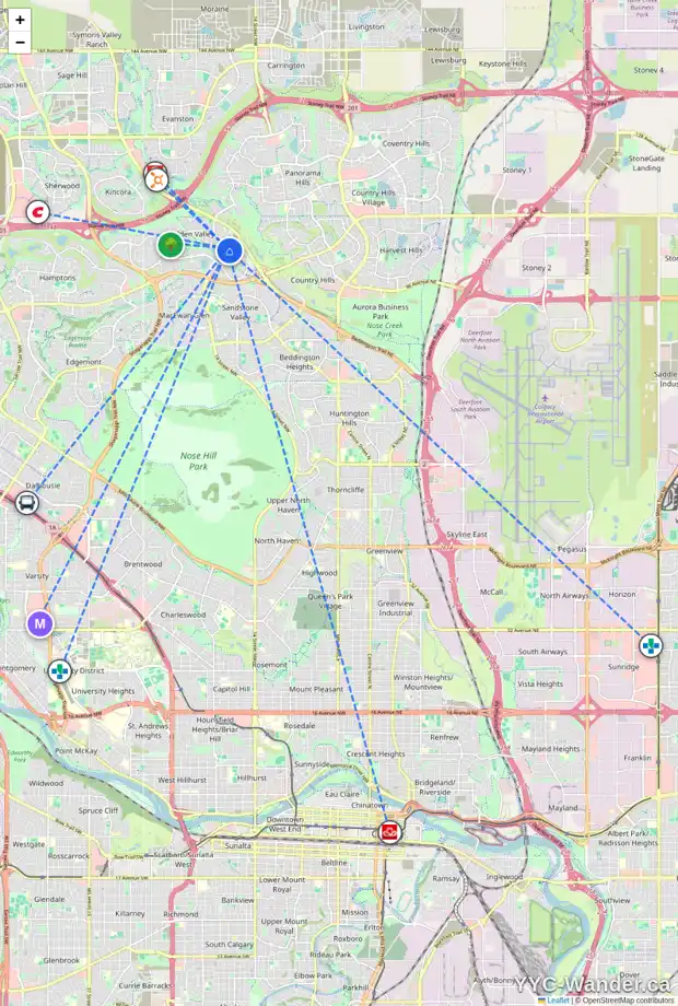 Daily accessibility map for 10489 HIDDEN VALLEY DR NW, Calgary showing nearby schools, grocery stores, parks, LRT stations and nearby amenities