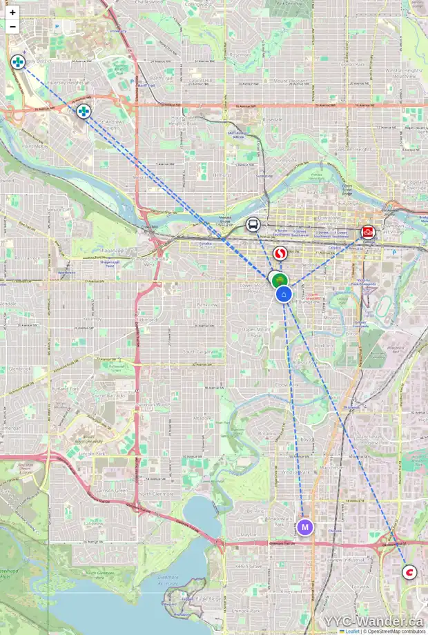 Daily accessibility map for 803 19 AV SW, Calgary showing nearby schools, grocery stores, parks, LRT stations and nearby amenities