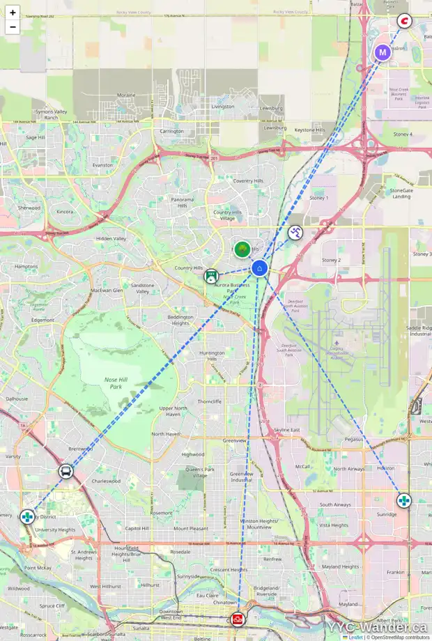 Daily accessibility map for 147 HARVEST CREEK CO NE, Calgary showing nearby schools, grocery stores, parks, LRT stations and nearby amenities