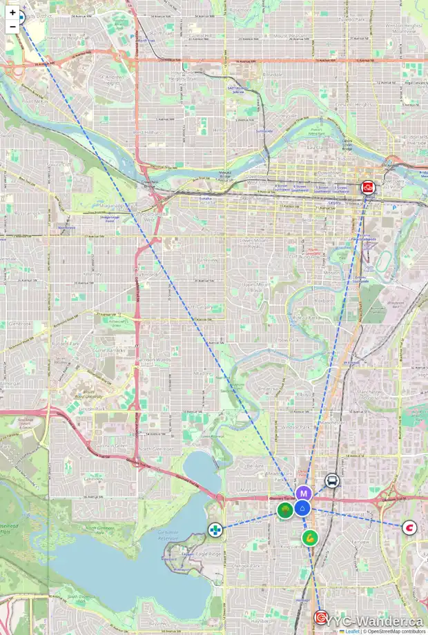 Daily accessibility map for 607 67 AV SW, Calgary showing nearby schools, grocery stores, parks, LRT stations and nearby amenities