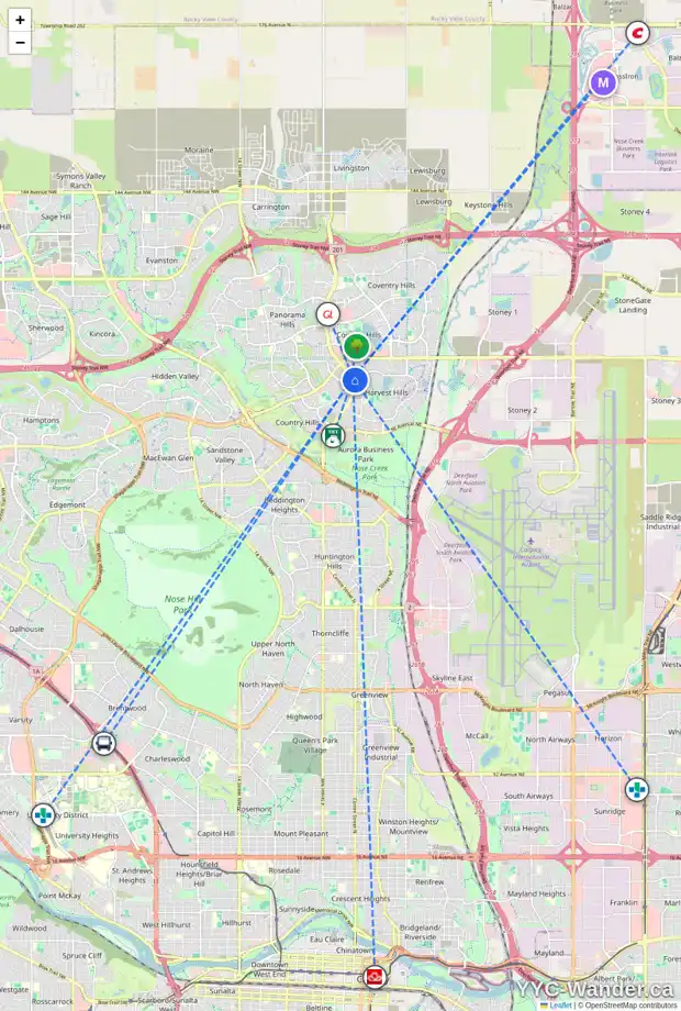 Daily accessibility map for 284 HARVEST OAK RI NE, Calgary showing nearby schools, grocery stores, parks, LRT stations and nearby amenities