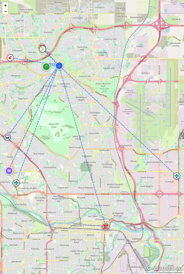 Daily accessibility map for 16 HIDDEN VALLEY GD NW, Calgary showing nearby schools, grocery stores, parks, LRT stations and nearby amenities