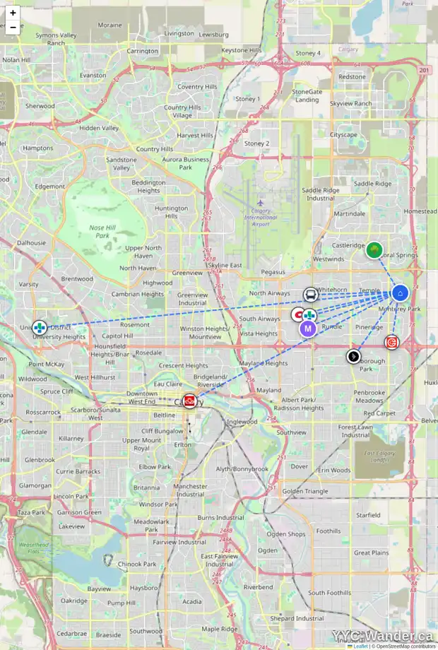 Daily accessibility map for 50 ANAHEIM GD NE, Calgary showing nearby schools, grocery stores, parks, LRT stations and nearby amenities