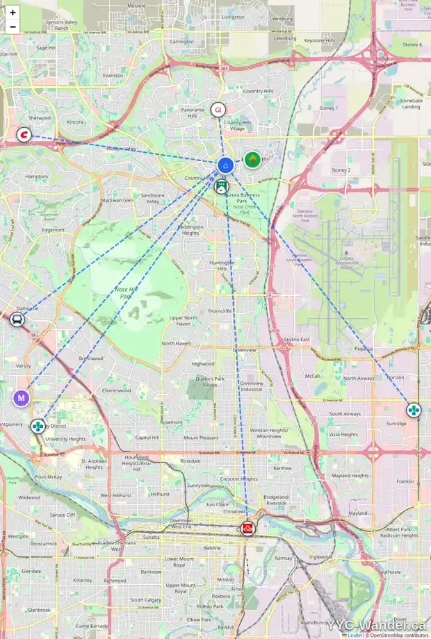 Daily accessibility map for 480 COUNTRY HILLS DR NW, Calgary showing nearby schools, grocery stores, parks, LRT stations and nearby amenities